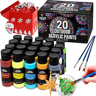 Outdoor acrylic paint set (2 fl oz)- 20 Tubes 2 with Glow in the Dark Effect - Art supplies for Adults - For multiple use- Woods, Leather, Metal & Fabric Paint & Paint for rocks Outdoor/Craft paint