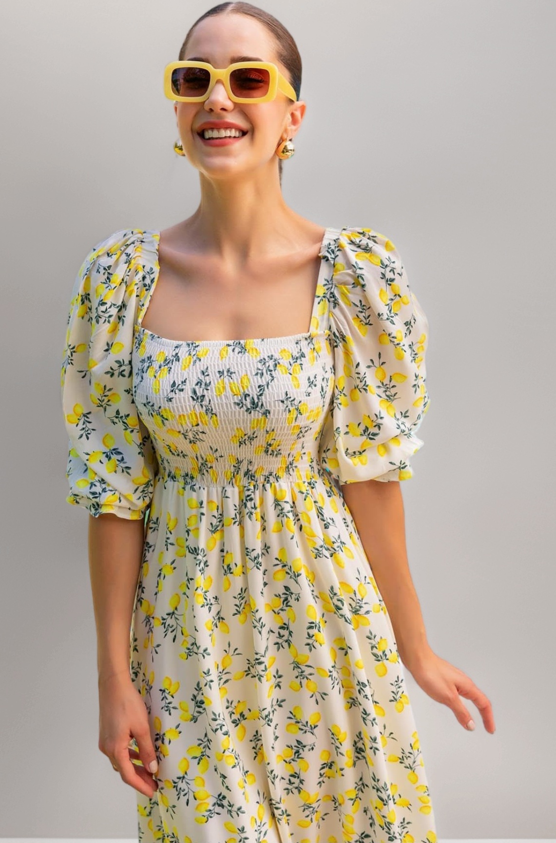 Women's Maxi Floral Print Crepe Puff Sleeves Casual Dress