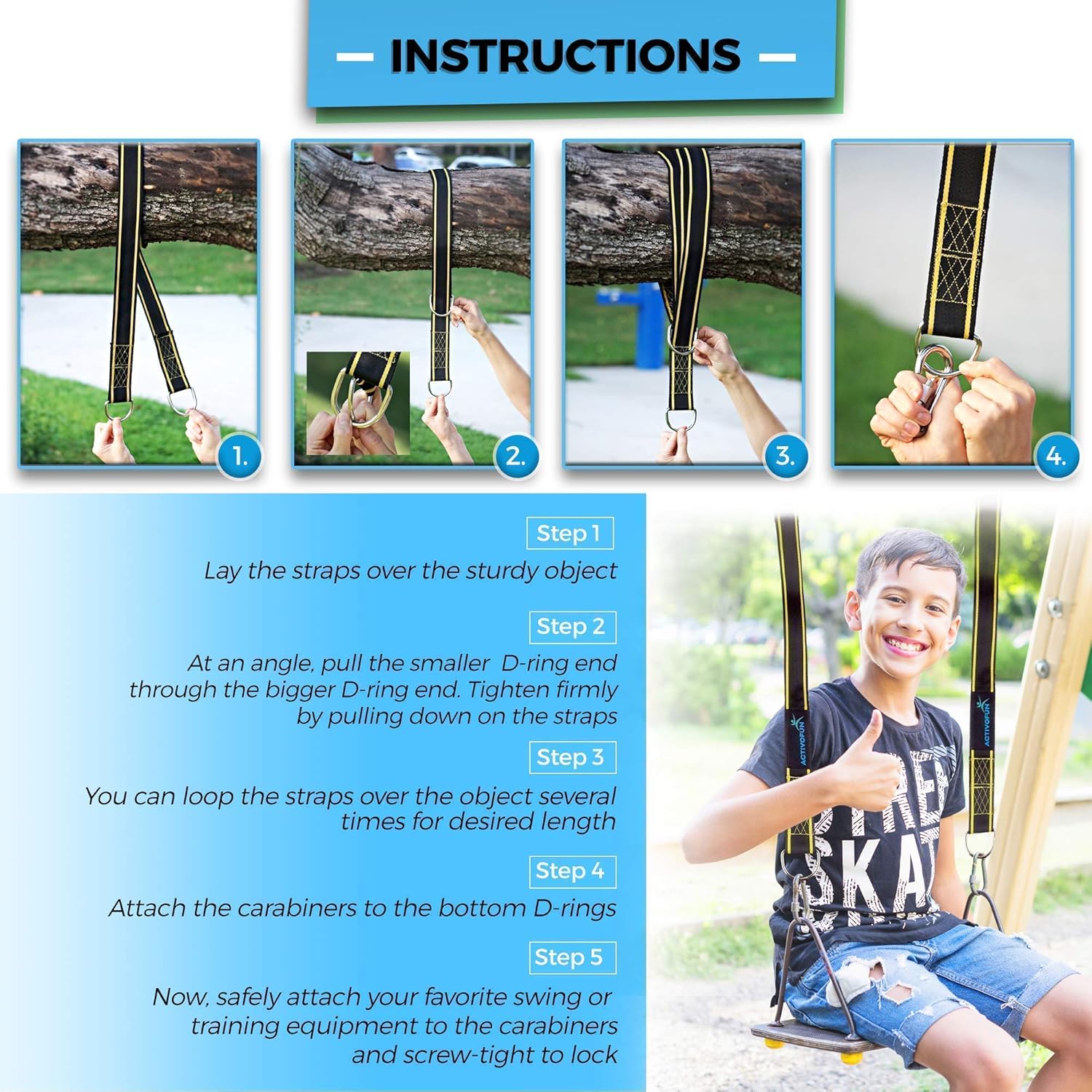 Tree Swing Strap Hanging Kit 10Ft | Easy to Use, 2 Tree Swing Hanging Straps for Tree Branch, Snap Carabiners, Holds 2800Lbs | Premium Quality Hammock Tree Strap for Swing, Safer Tree Swing Rope Kit : Patio, Lawn & Garden
