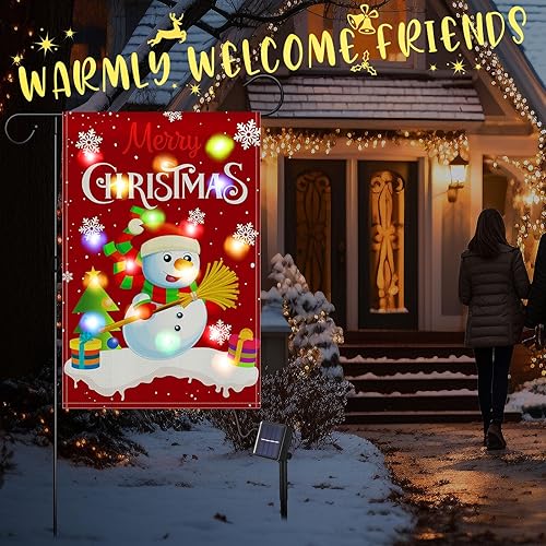 Miniatura 6 de Peryiter Bandera de Navidad iluminada para jardín, bandera solar LED de invierno para jardín, bandera de doble cara para patio, muñeco de nieve,