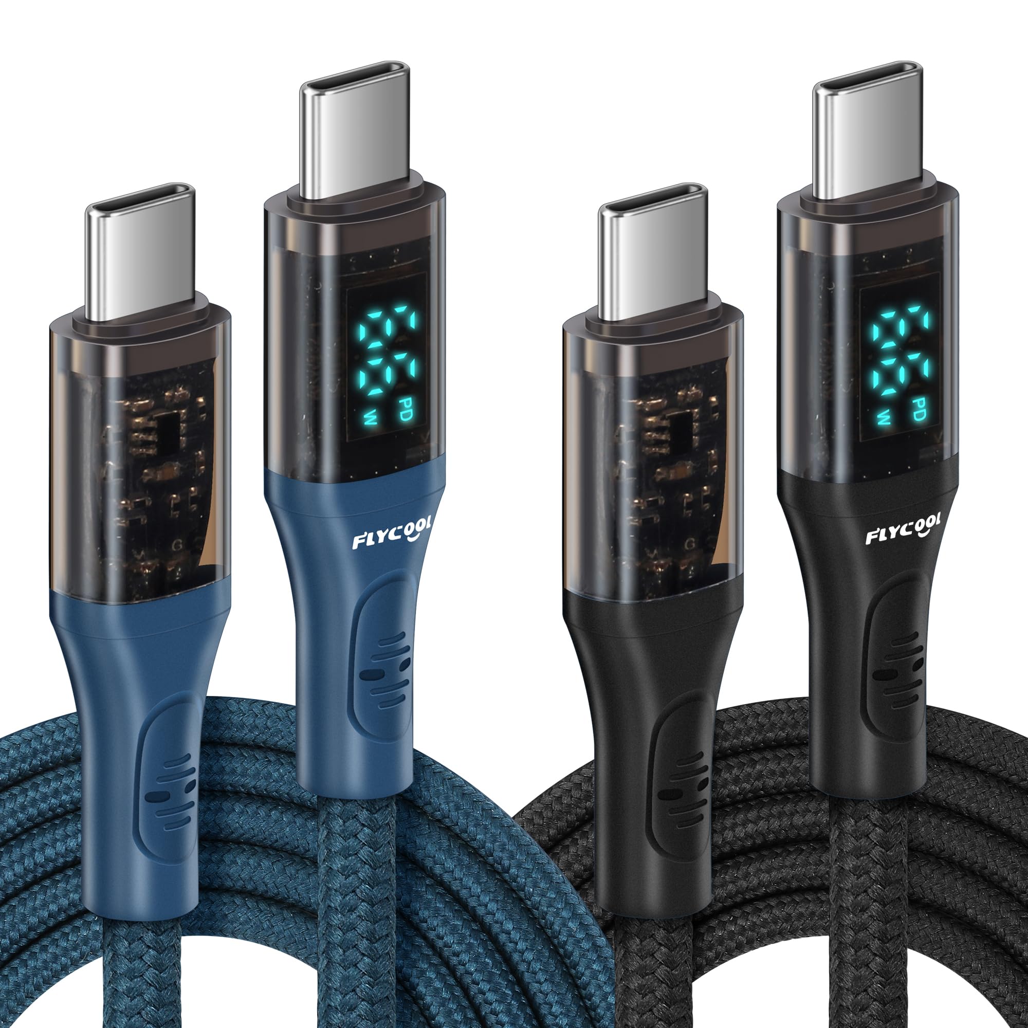 FlyCoolUSB C to USB C Cable (4ft, 2-Pack) - Nylon Braided with LED Display, 66W 3A Fast Charging for iPhone 15/Pro/Plus/Pro Max, iPad Mini 6/Pro 2021, iPad Air 5, Samsung Galaxy S23, Switch