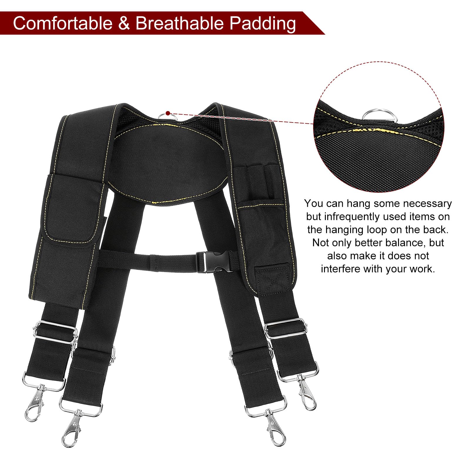 QUARKZMAN Bretelles pour Framer Carpenter Electrician Tool Belt Noir/Rouge | Bretelles De Ceinture À Outils Avec 4 Boucles D'Attache Bracelet Magnétique Support De Téléphone Mobile Porte-Crayon