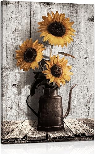 Arte de pared en lienzo de girasoles decoración de pared rústica de maceta marrón  Póster enmarcado con flores vintage para decoración en casa,