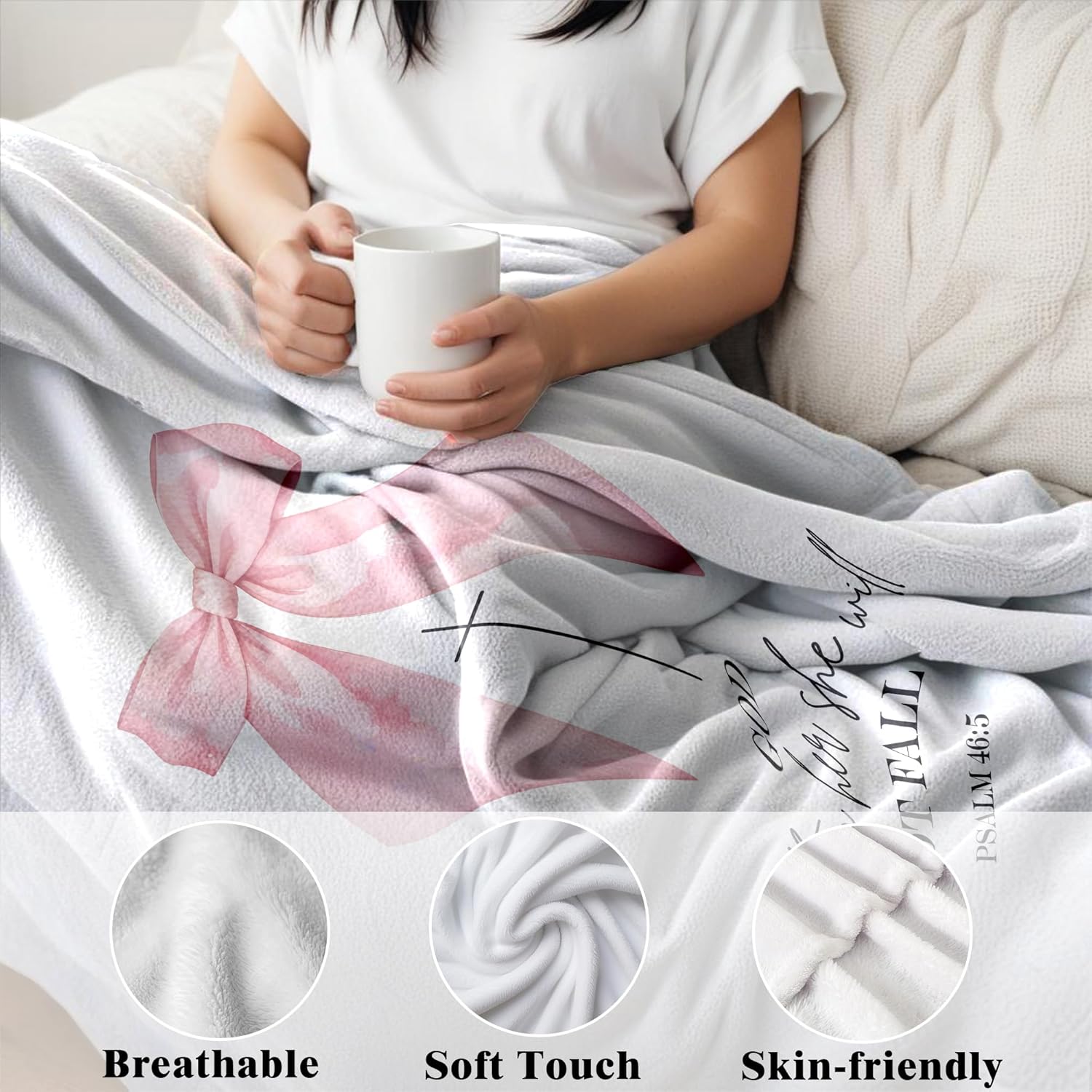 Coquette Pink Bow Christian Blanket, Christian Gifts for Women, Preppy Pink Bow Religious Bible Verse Throw Blankets for Girly Room Bedroom Dorm Apartment Couch Sofa, 50x60 Inches - Image 3