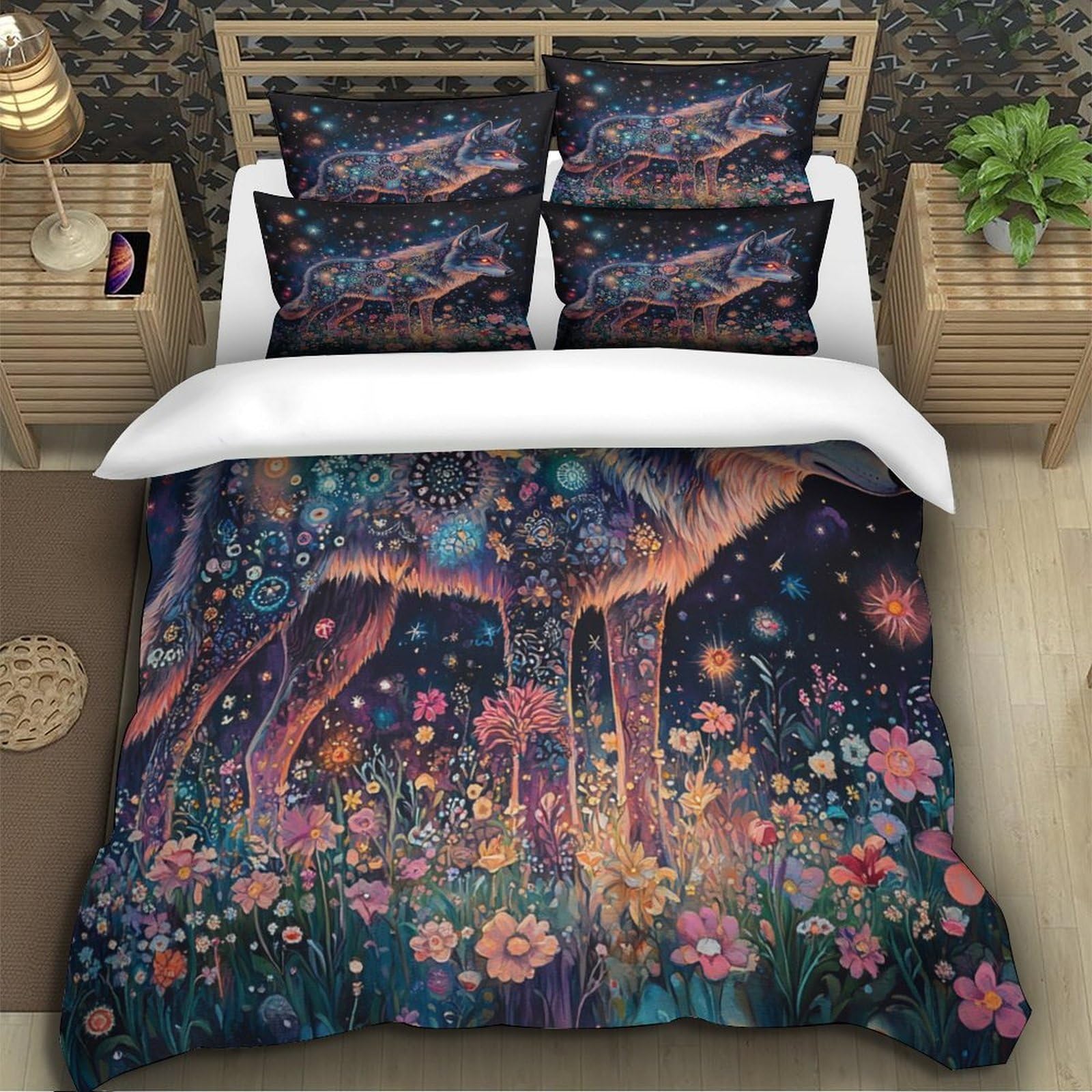 Fantasia di lupi stellati Impressione 3D 3 pz coperteletto arte digitale stile surreale fodera per edredone microfibra ipoallergenica zip per bambini uomini adulti King（220x240cm）