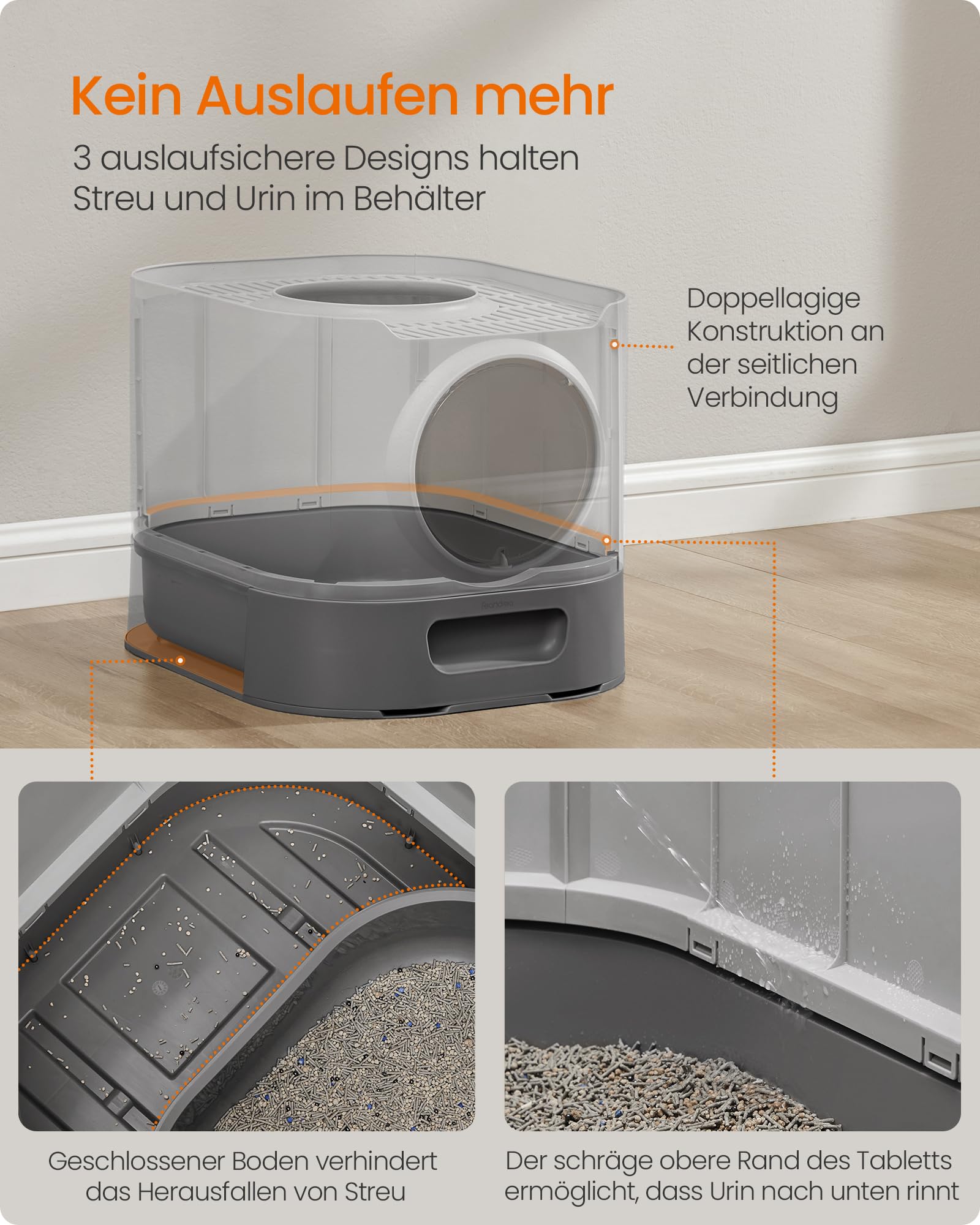 Feandrea Katzenklo 2er Set, Katzentoilette XXL, mit Deckel, ausziehbares Tablett, Schaufel, Bürste, für Katzen verschiedener Größen, weniger Spuren, Taubengrau-schiefergrau PPT002B10