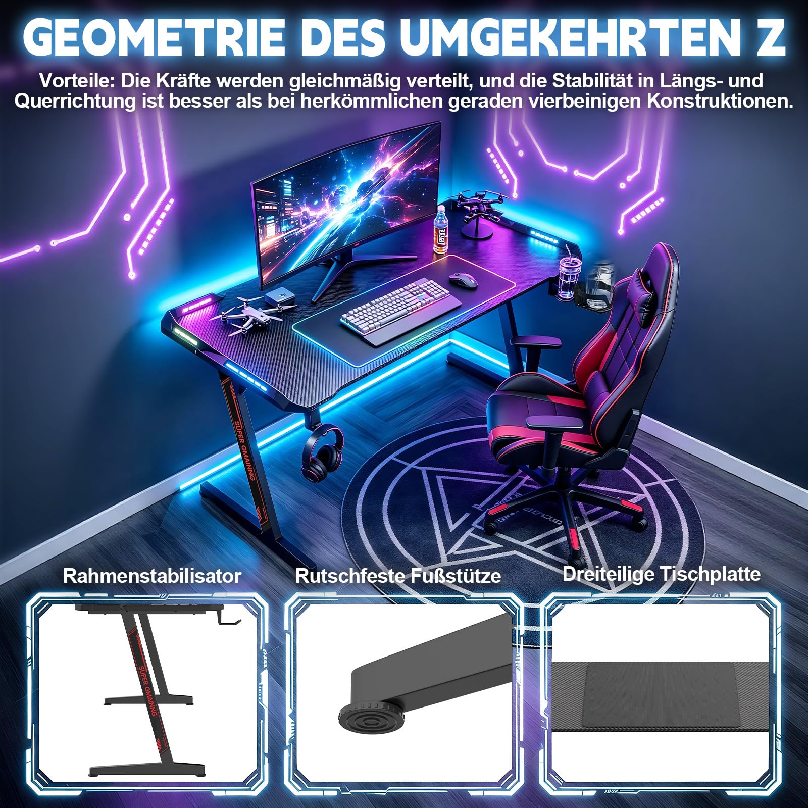 Gaming Tisch L07 mit LED 140CM – PC Schreibtisch mit Carbon-Oberfläche, 2 RGB LED Streifen (352 Modi, 10 Helligkeitsstufen), Z-förmiger Stahlrahmen bis 80kg, Getränkehalter & Kopfhörerhaken