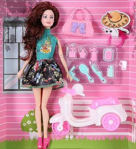 Aongneer Muñecas de moda de 12 pulgadas con falda verde muñeca articulada con bola estilo DIY con ropa y accesorios de moda motocicleta bolso kit de