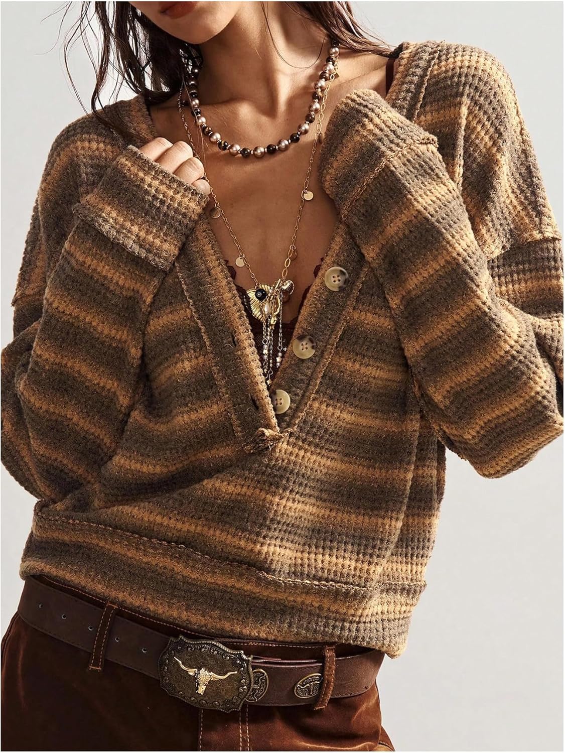 Women's Striped Button Down Sweaters Waffle Knit Long Sleeve Pullover Jumper - Image 5