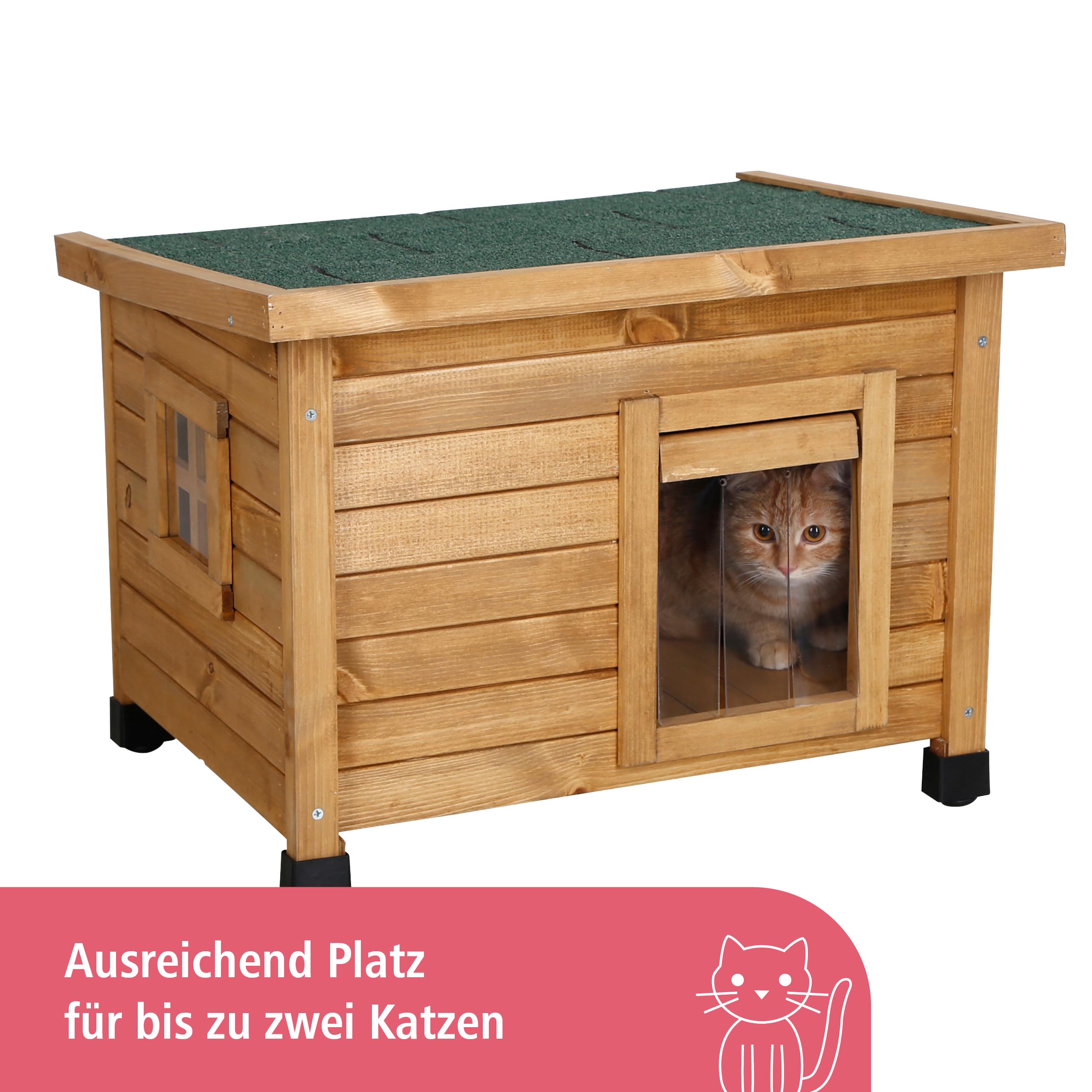 Kerbl Pet Katzenhaus Rustica, Braun/Grün, 57x45x43 cm, Holz, mit Schwingtüre, Plexiglasfenster, höhenverstellbare Kunststofffüße