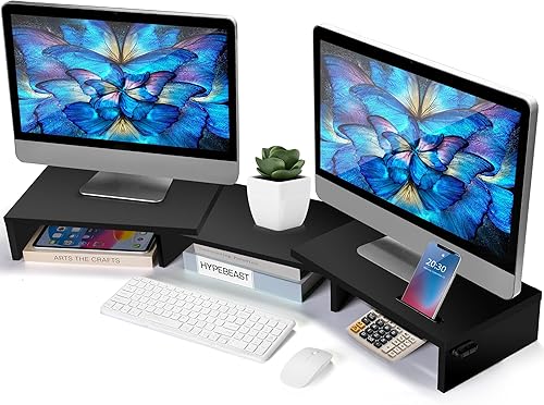 Soporte elevador de monitor doble para 2 monitores, soporte de monitor para escritorio, longitud ajustable y ángulo giratorio, organizador de