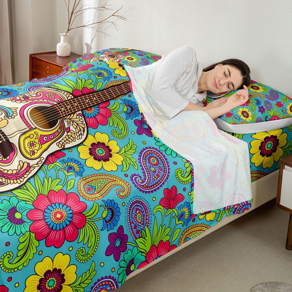 Homewish Paisley zestaw prześcieradeł podwójne boho kwiatowe prześcieradła lata 70. hipisowska gitara muzyczna pościel - egzotyczny kwiat boho prześcieradła zestaw 4-częściowy