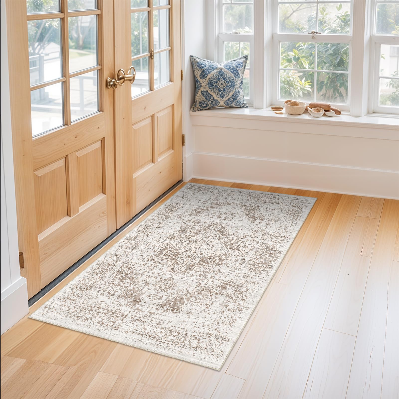 3x5 washable entryway rug - non-slip vintage area rug for entrance with low-pile indoor mat for keitchen with stain resistant accent distressed carpet thin rug for bedroom (bridge)
