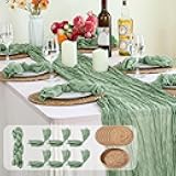Windkream Boho Placemats Set, 6 Round Woven Placemats, 10 ft Rustic Sage Green Cheesecloth Long Table Runner, 6 Gauze Sage Green Cheesecloth Napkins, for Bridal Wedding Baby Shower Home Decoration