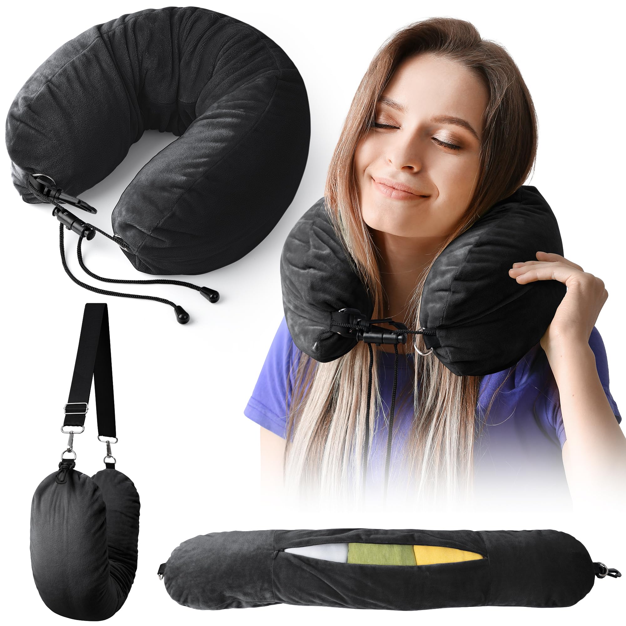 Vokelater Stuffable Neck Pillow for Travel, Neck Pillow for Extra Luggage Storage Ideal 1-3 Days Travel Essentials, Adjustable U-Shapes Airplane Pillow Size, Soft Velvet Cover, No Filler, Black