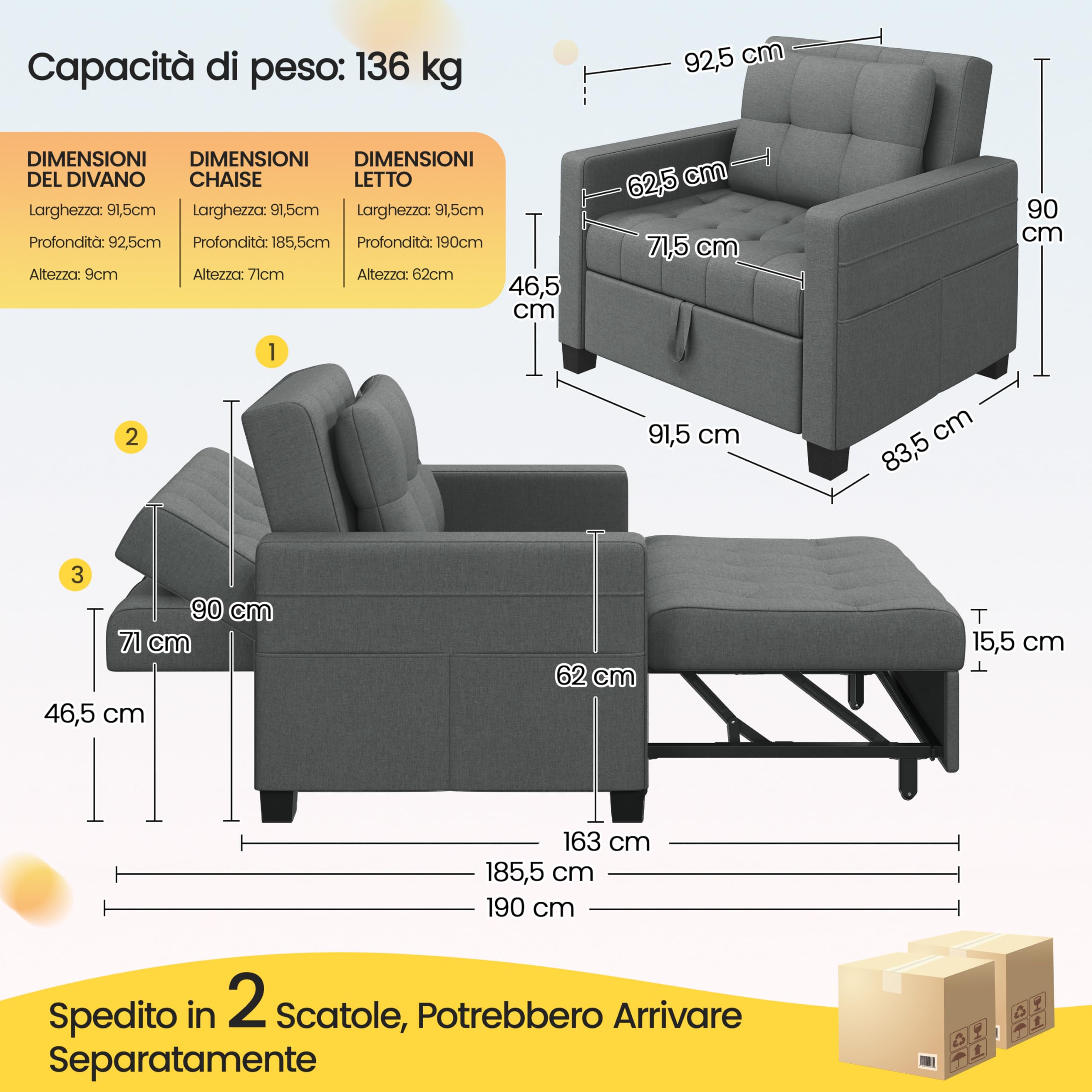 Divano Letto Singolo Divano Pieghevole Imbottito a 1 Posto Poltrona Letto da Salotto Divano Trasformabile in Tessuto per Soggiorno (Grigio Chairo)