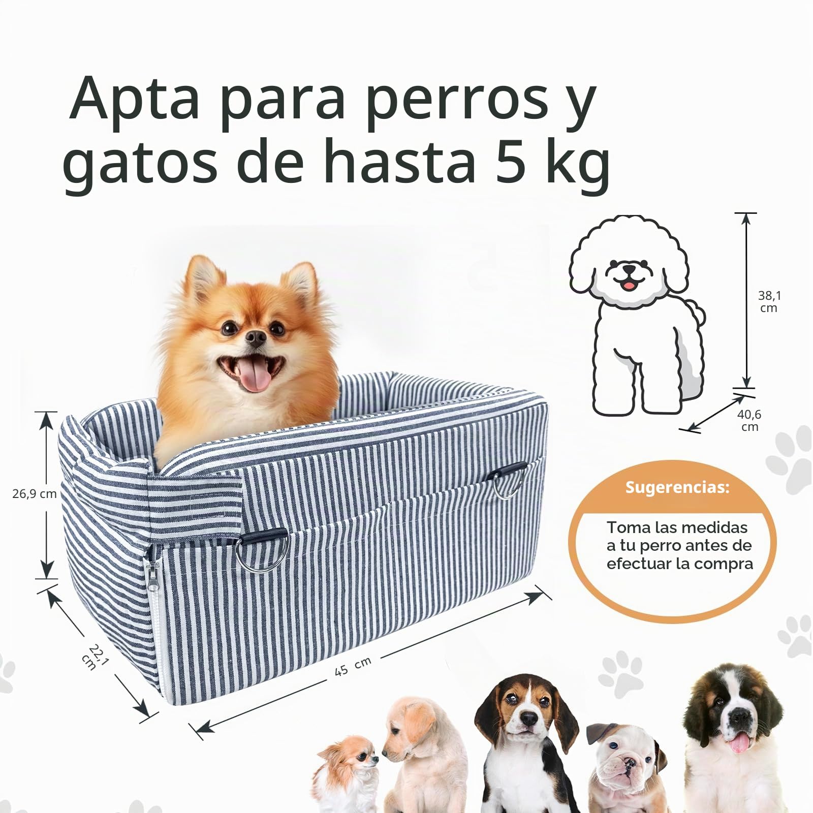 Asiento de coche para perros pequeños, consola central segura, asiento portátil para gatos con cinturón de seguridad y bolsillos de almacenamiento, diseñado para perros pequeños de hasta 11