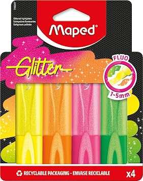 Maped - 740247-4 Fluorescent Glitter Highlighters, Chisel Tip, Long-Lasting Highlighters for School, Lettering, Bullet Journal and Professional, 4 Neon Glitter Colours