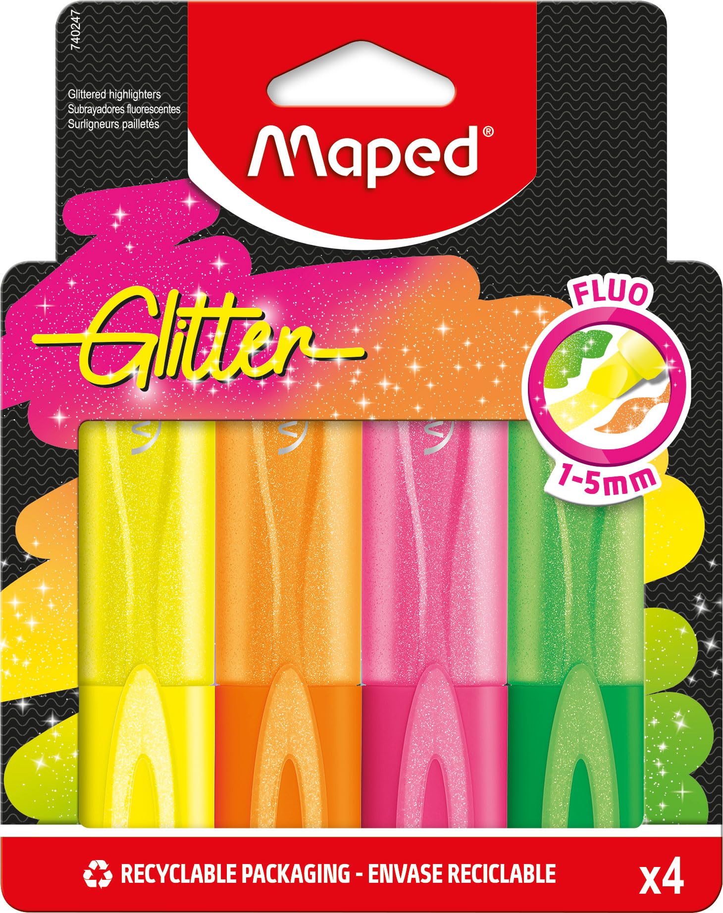 Maped Fluorescent Glitter Highlighters, Chisel Tip, Long-Lasting Highlighters for School Lettering