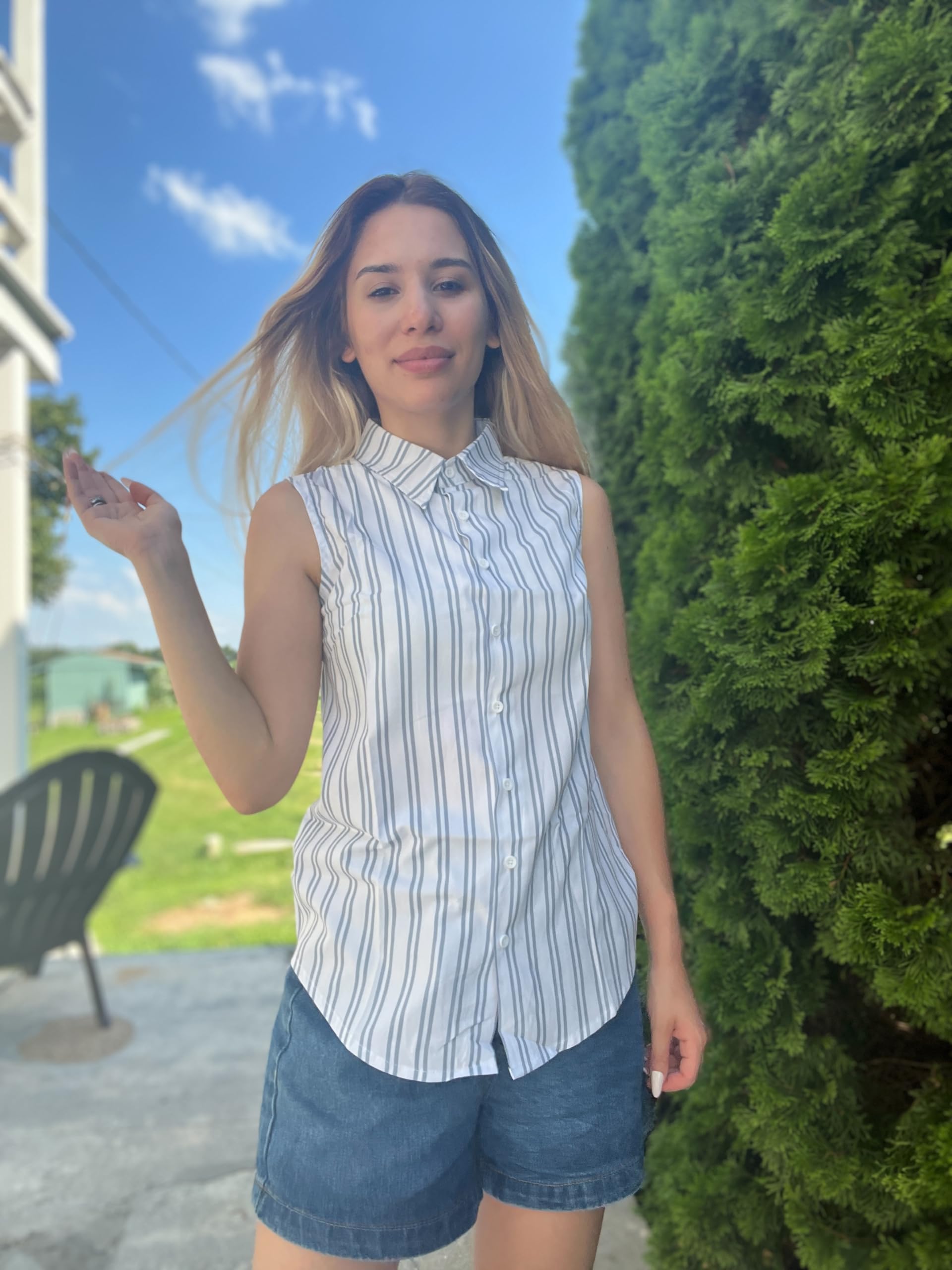 Zeagoo Women's Sleeveless Button Down Shirts Blouses Solid Casual Loose V Neck Tank Tops for Work S-XXL