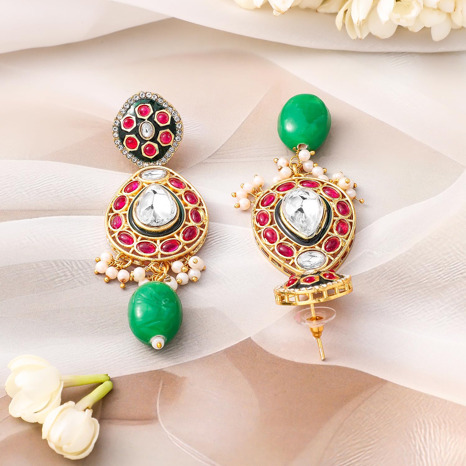 Rubans Kundan placcato oro & rubino, pietra verde tempestata e perline collana da sposa set
