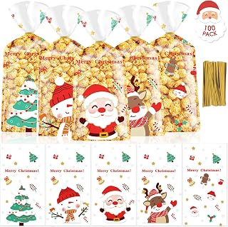 PADELO 100 Pcs Christmas Treat Bags - Merry Christmas Candy Bag, Plastic Xmas Cellophane Cello Goodie Goody Cookie Gift Snack Bags with Twist Ties for Goodies Present Wrap Xmas Party Favors Supplies