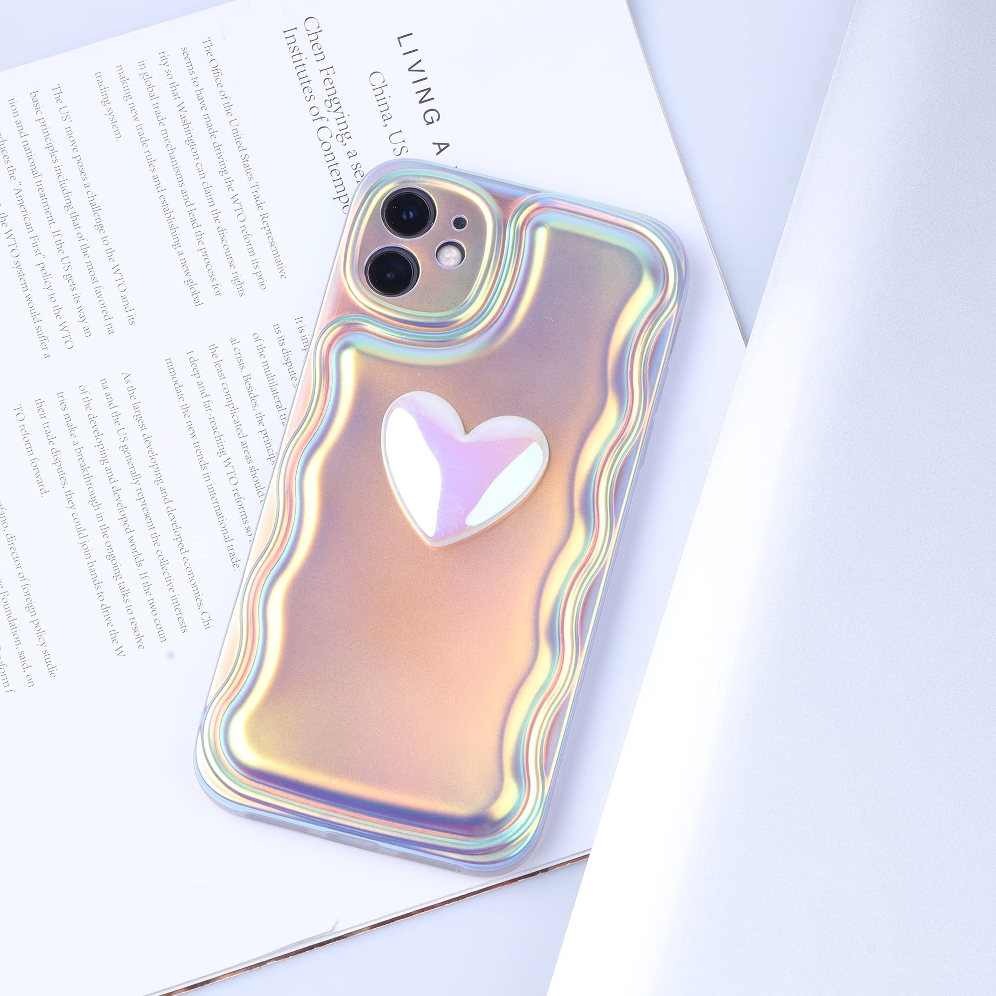 JiuWang Funda iPhone 11 Pro MAX Rosa Iridescente, Corazón 3D & Borde Ondulado, Carcasa IMD PC AntiGolpes, Diseño Kawaii Cute para Mujer y Niña — view 5