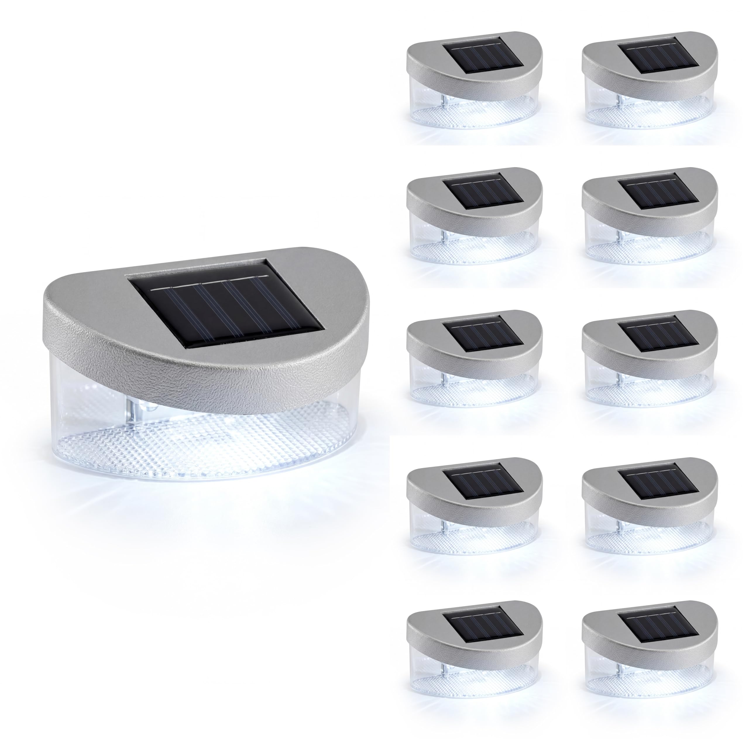 GEEZY Solar Fence Lights, Set of 10 - Silver Waterproof Pathway Wall Lamp with Bright White LEDs & Dusk to Dawn Sensor - Outdoor Security Garden Fence Solar Lights, Patio Decoration & Deck Lighting