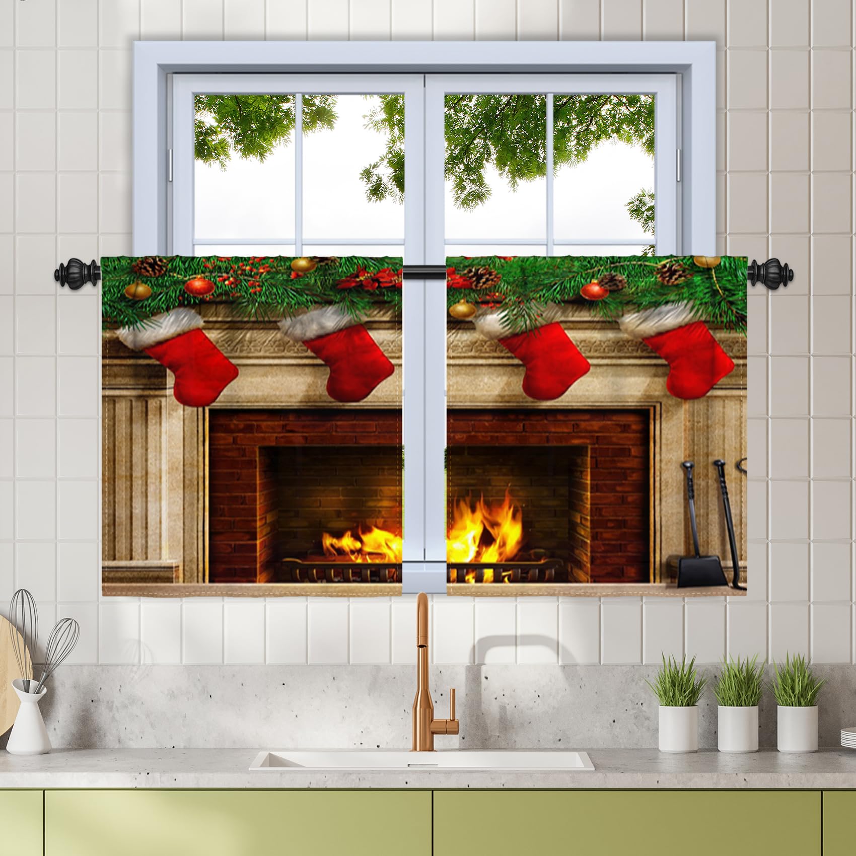 Renaiss 26 x 24 Inch Fireplace Small Curtains Christmas Kitchen Window Decor Red Sock Spruce Leaves Balls Window Treatment Tiers Poinsettia Flowers Winter Farmhouse Curtains Rod Pocket Linen 2 Panels