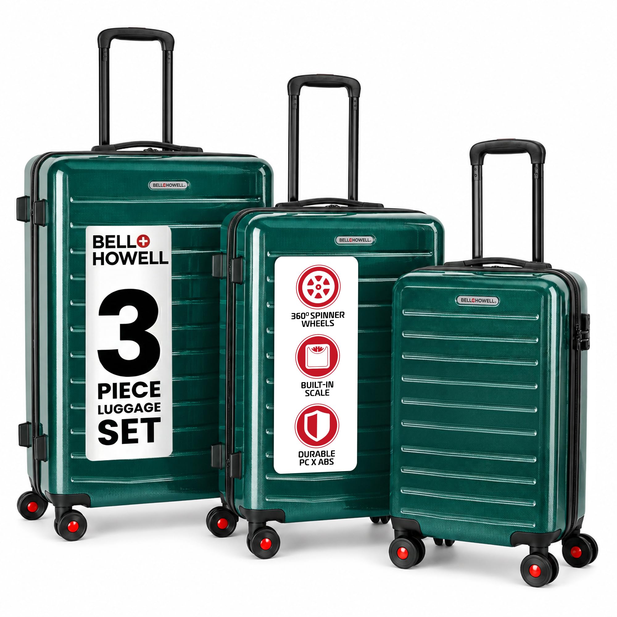 Bell+Howell PC+ABS Hard Shell Luggage Set of 3 with Built in Scale, Green | 21" + 25" + 2…