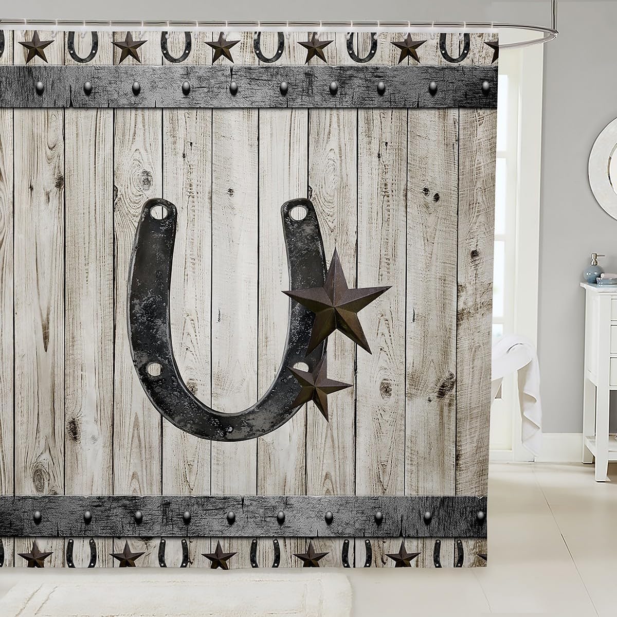 Feelyou Texas Star Bath Curtain for Girls Boys Cowboy Horseshoe Bathroom Shower Curtain Set Rustic Wood Grain Decorative Bath Curtain Cabin Lodge Kids Bathroom Accessories 72"x84"