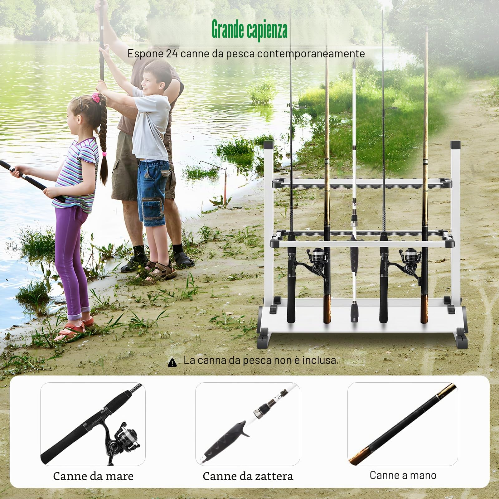 Portacanne da Pesca per 24 Canna, Supporto Regolabile in Alluminio Leggero 73x32x72 cm, Rack Portatile per Canna Spinning e Attrezzatura da Pesca, per Garage, Barca e Casa (Argento)