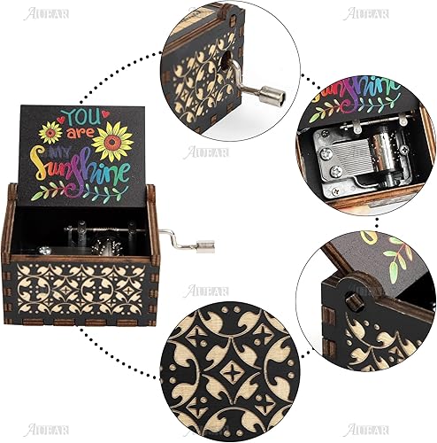 Miniatura 3 de AUEAR, You are My Sunshine - Caja de música de madera con manivela grabada con láser, musical vintage, pequeña, regalo único para cumpleaños, boda,
