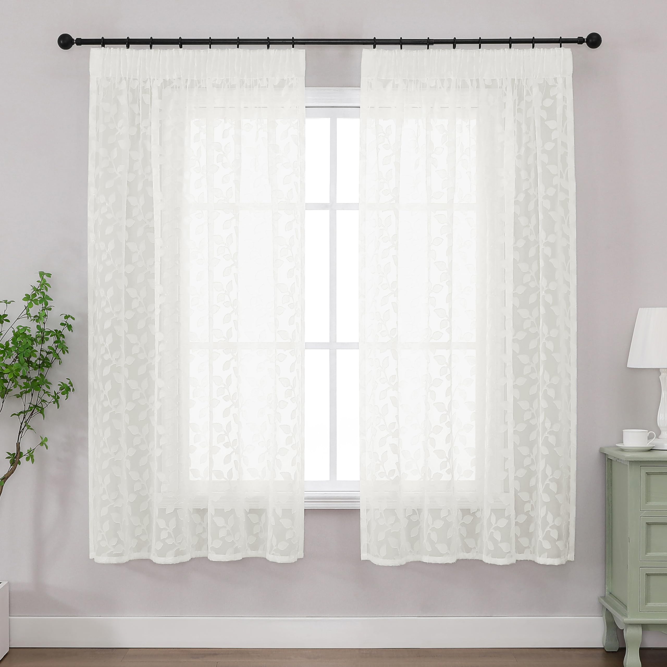 Simplebrand Natural Sheer Curtains Charlton Leaf 2 Panels W140 x L183cm, Clip Jacquard Pencil Pleat Drapes, Semi-Sheer Light Filtering Floor Length Curtains for Living Room Bedroom, Elegant Decorative