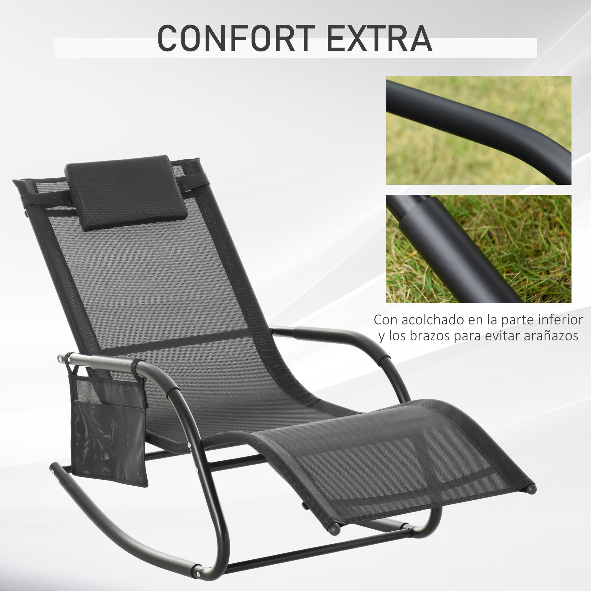 Outsunny Mecedora de Exterior Tumbona Mecedora con Reposabrazos Reposacabezas Acolchado y Bolsillo Lateral Carga 120 kg para Jardín Terraza Patio 150x62x88 cm Negro