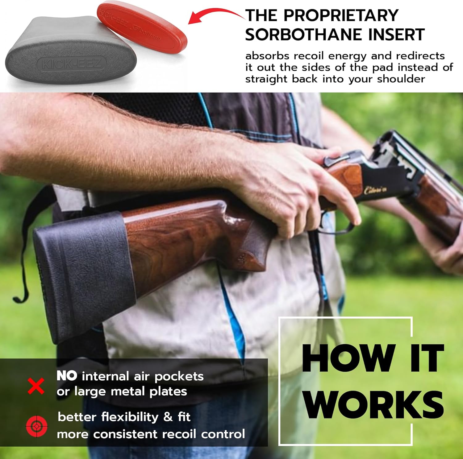KICK-EEZ Slip On Recoil Pad for Shotgun & Rifles | Up to 94% Recoil Reduction | Sorbothane Insert & Adjustable Length of Pull | Anti-Slip Rubber Buttstock Pad | Shotgun Accessories