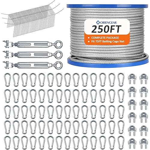 ORIENGEAR Batting Cage Netting Wire Kit for Baseball and Softball Included Galvanized Cable and Hook Set, Batting Cage Suspension Net Kits for Hitting Tunnels DIY, 55FT/70FT