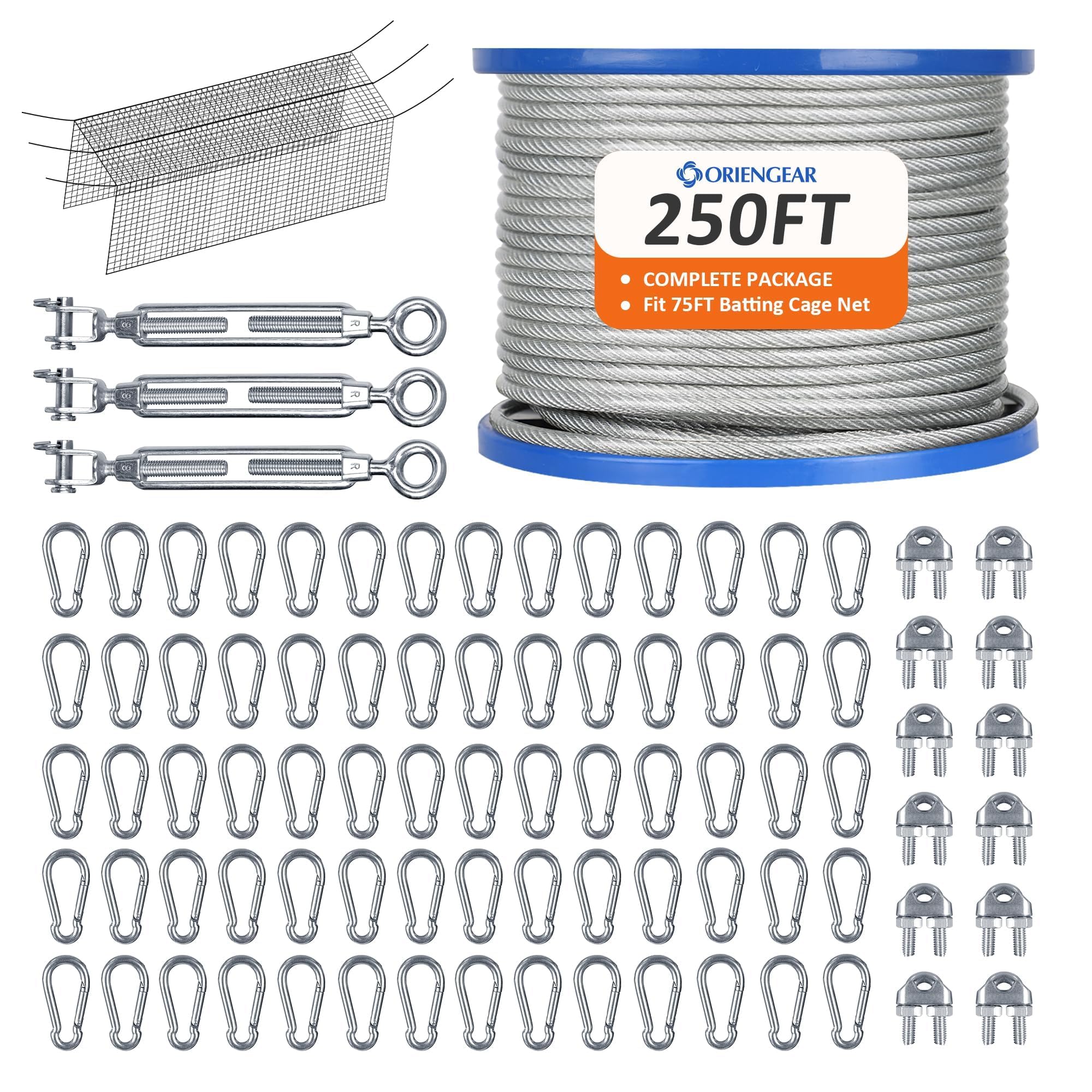 ORIENGEARBatting Cage Netting Wire Kit for Baseball and Softball Included Galvanized Cable and Hook Set, Batting Cage Suspension Net Kits for Hitting Tunnels DIY, 55FT/70FT