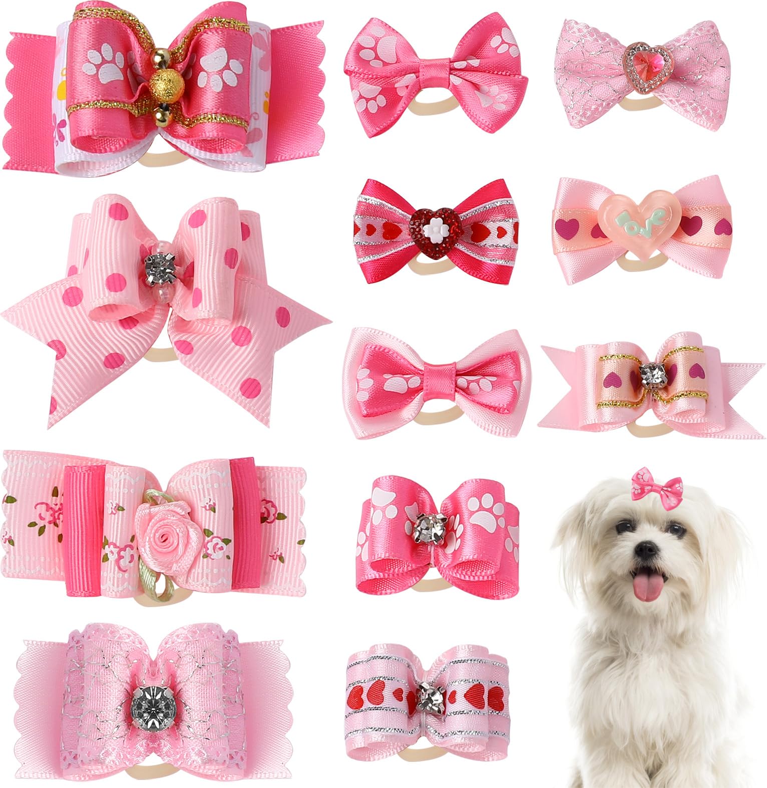 12 Pcs Pink Hair Bows for Dogs, Small Size Dog Bows Cute Girl Dogs Bow Handmade Puppy Bow with Rubber Bands Rhinestone Dog Hair Grooming Bowknot Small