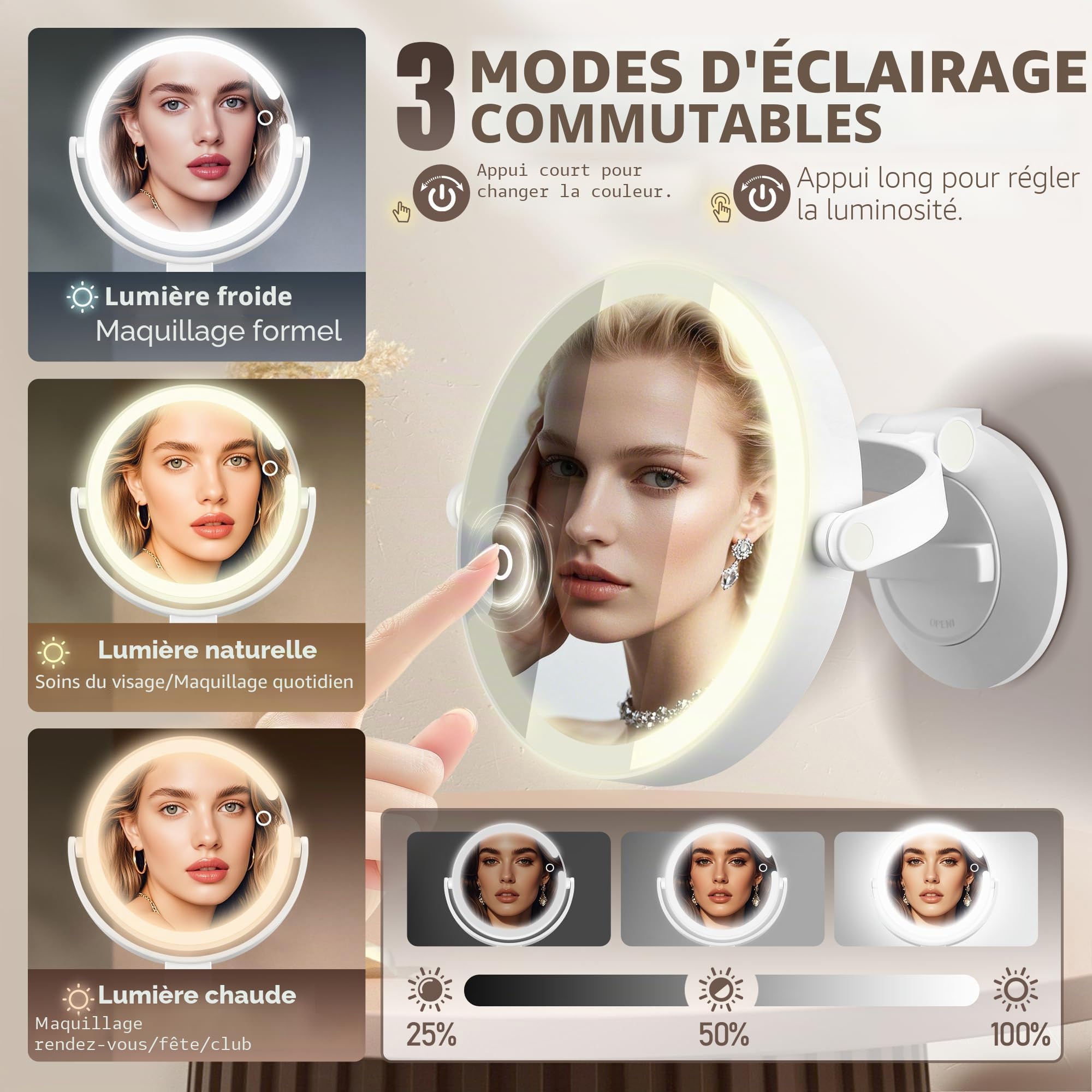 MOMOKUBA Miroir grossissant avec ventouse, double face avec éclairage, 3 modes, 30 compartiments