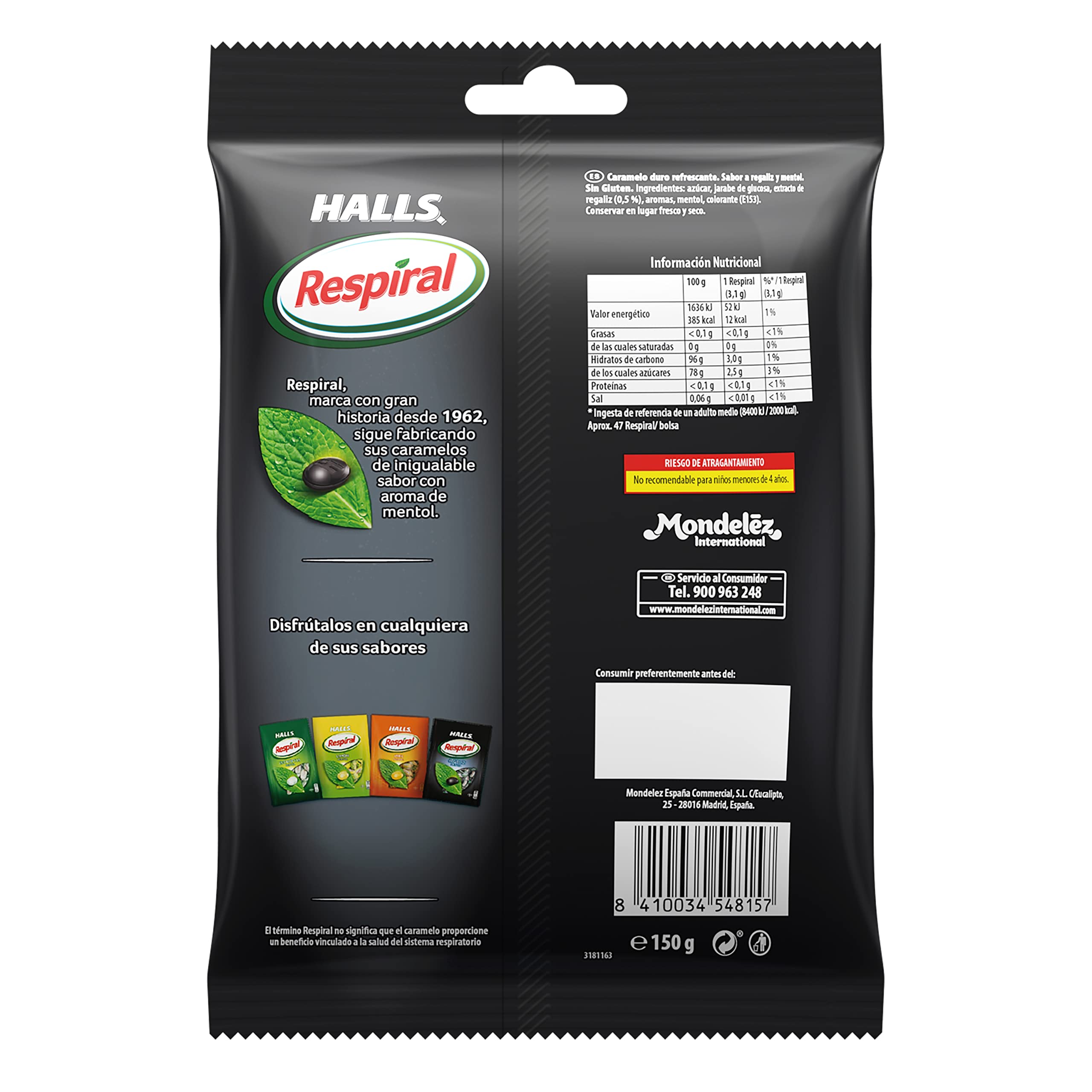 Halls Respiral Caramelos Refrescantes Sabor a Regaliz y Mentol Sin Gluten, 150 g