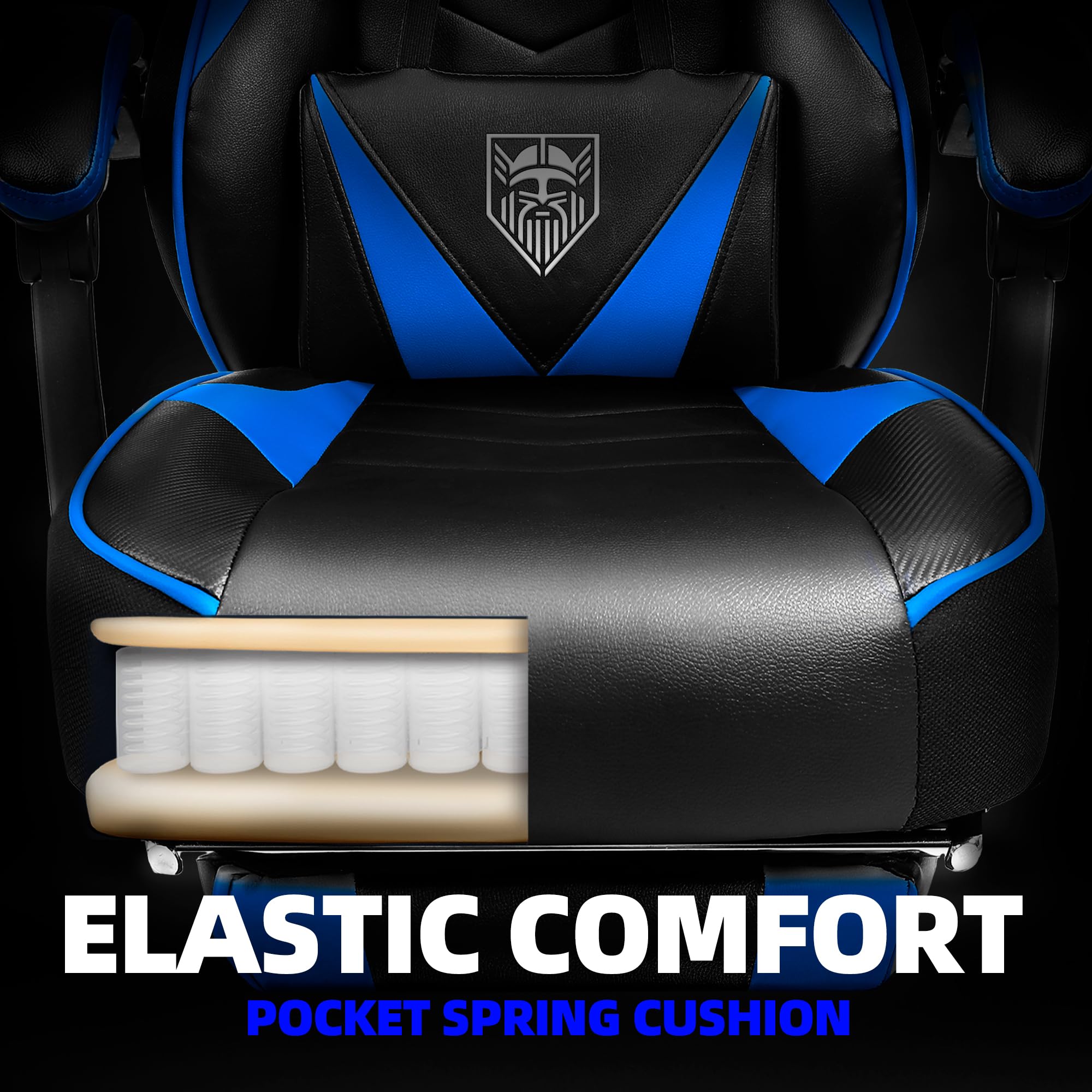 Vonesse Gaming Chair, High Back Gaming Chair with Footrest and Massage, Gaming Chairs for Adults with Pocket Spring Cushion, Big and Tall Reclining Computer Chair with Lumbar Support (): Blue/Black