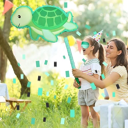 Miniatura 5 de Juego de piñata de tortuga de 14.17 x 8.66 x 2.95 pulgadas, incluye palitos de piñata con forma de tortuga verde y confeti para niños, decoración de