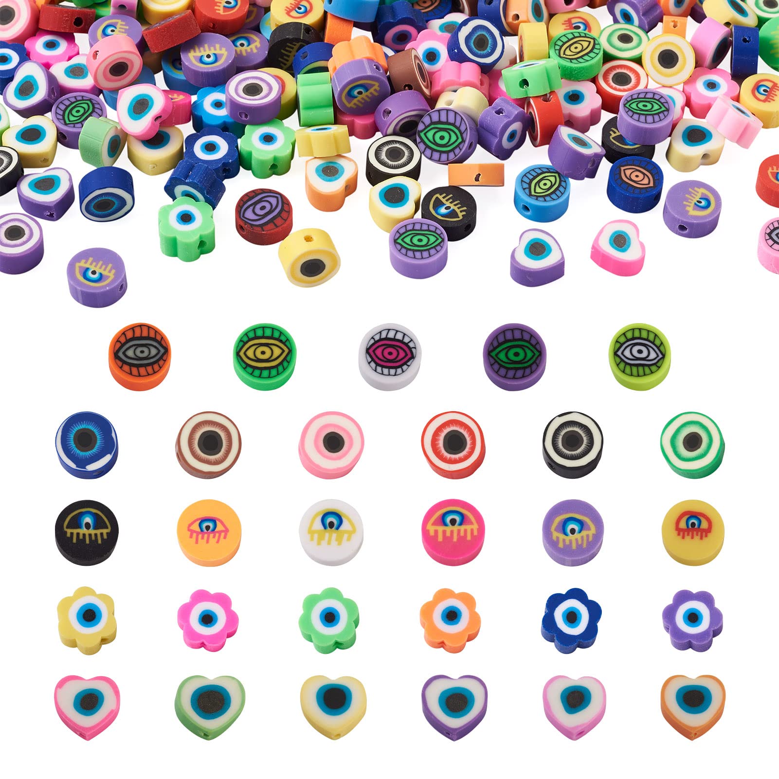 Bestewelry 250pcs Evil Eye Polymer Clay Beads Heart Flower Flat Round Disc Clay Beads Spacer for DIY Bracelets Necklaces Earrings Jewelry Making