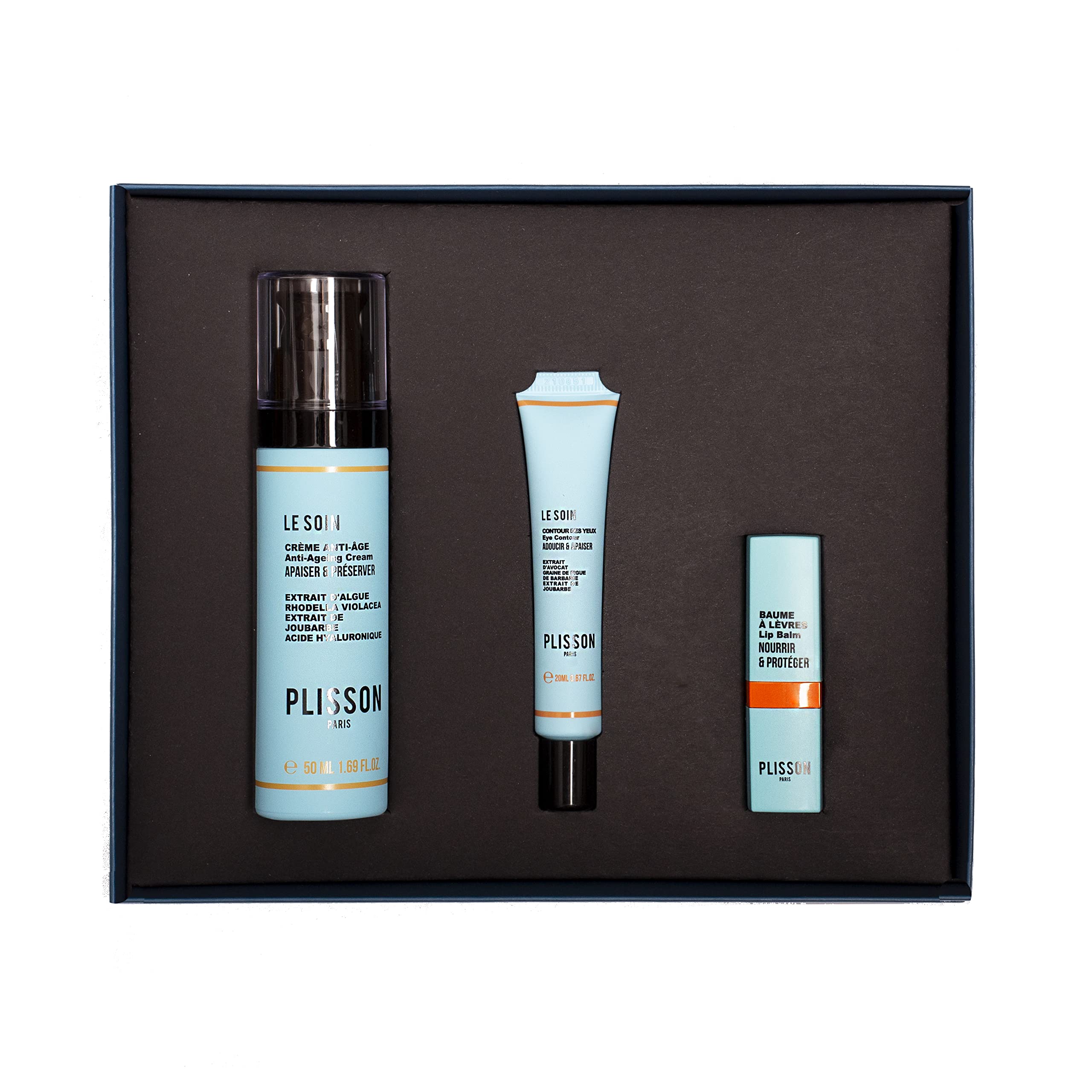 Plisson - Cofanetto Gueule d'Amour - 1 cura contorno occhi + 1 crema anti-invecchiamento viso + 1 balsamo per labbra - 3 trattamenti per uomo - 97-99% di ingredienti di origine naturale -