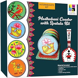 SWAGSTATION Madhubani アートキット、ペイント用ヘラ付きティーコースター、9~12歳の女の子への誕生日プレゼント、大人向けアートキット、へらキット付きコースター - 06