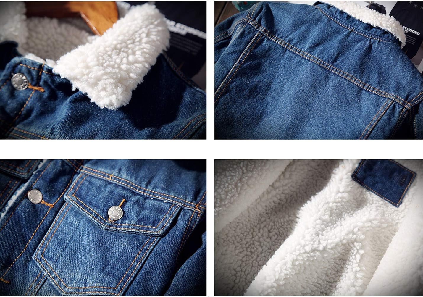 Omoone Men's Lapel Sherpa Fleece Lined Thicken Denim Jean Trucker Jacket Coats - Image 7