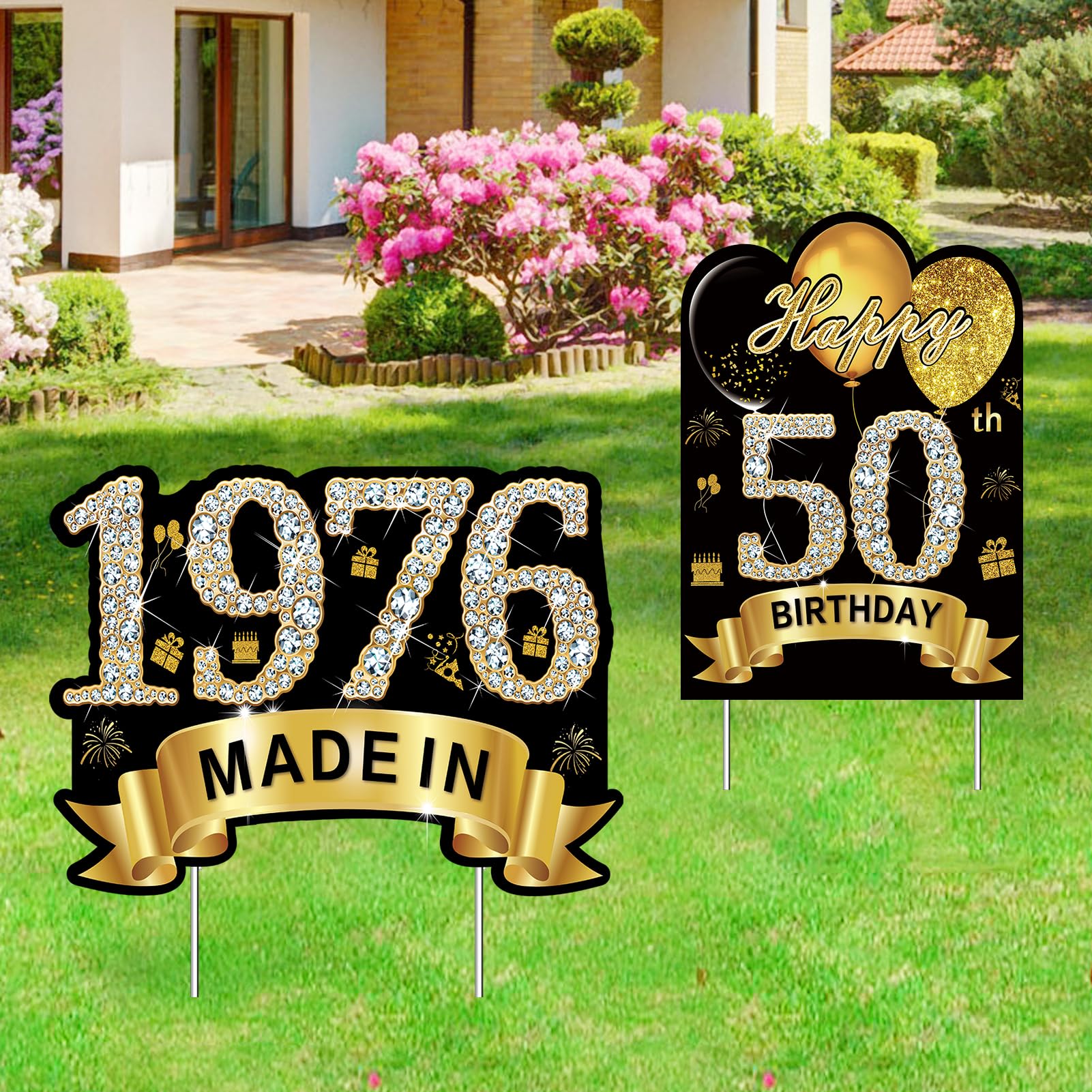 Puyruiv 2Pcs Black Gold 50th Birthday Yard Sign Decoration for Men Women,Happy 50th Birthday Made in 1976 Lawn Sign Party Supplies, Fifty Year Old