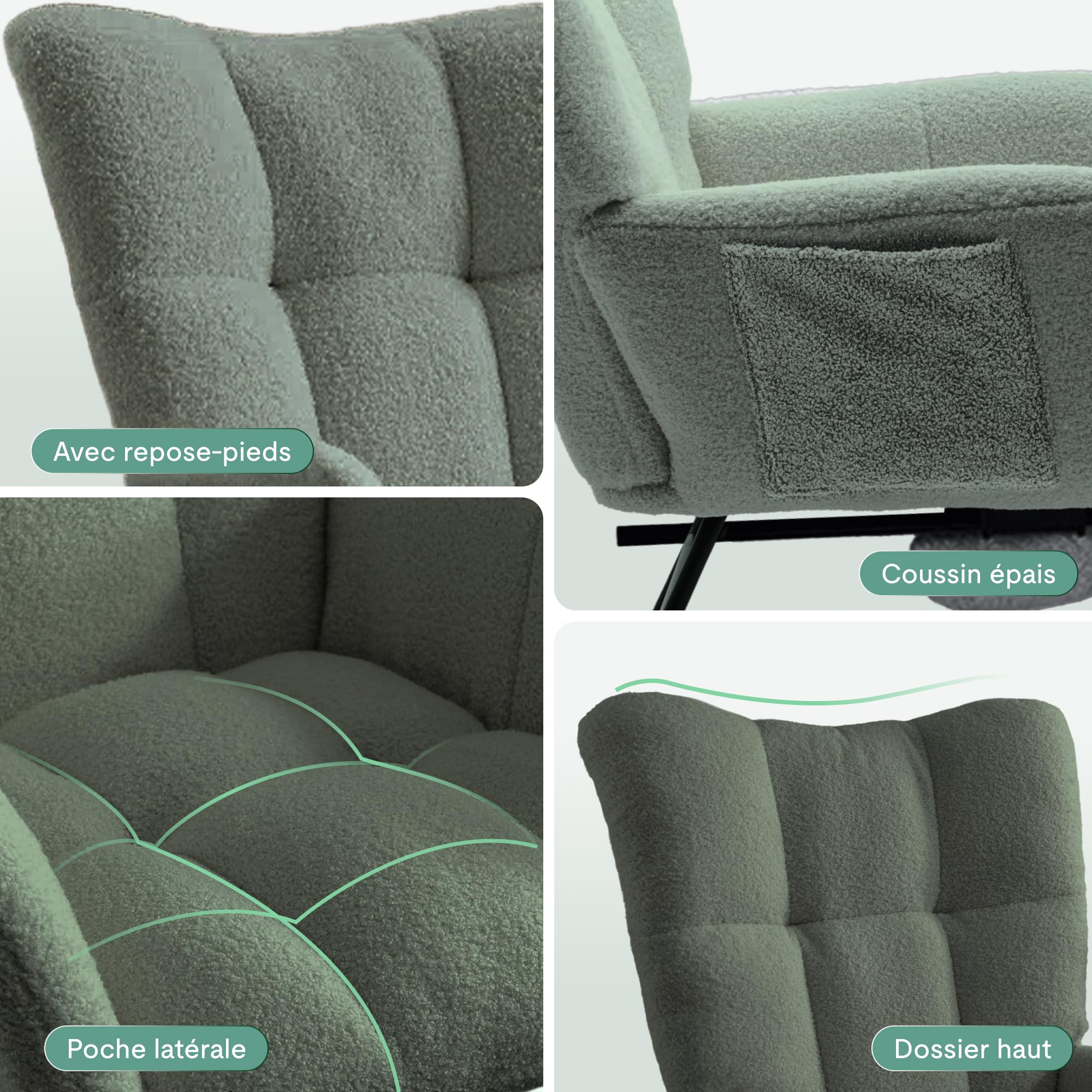 FLEXISPOT Fauteuil à Bascule avec Dossier Haut et Repose-Pieds, Fauteuil Pivotant Moderne avec Base en Bois,Chaise Relax Rembourré pour Salon et Chambre, Charge jusqu'à 120 kg, Vert