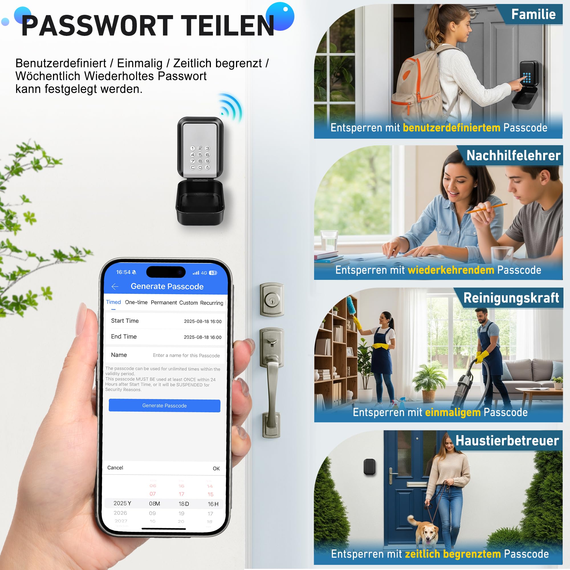 Schlüsseltresor mit Zahlencode Aussen wasserdichte Schlüsselbox Bluetooth Anti-Diebstahl Schlüsselsafe Wandmontage Schlüsselkasten mit Mehrere Passwörter & App-Funktionen